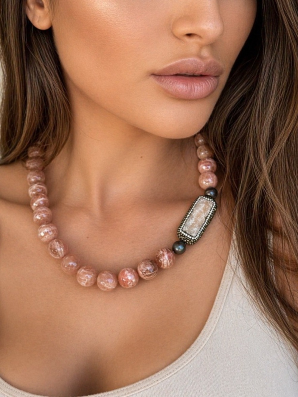 Peach Moonstone Necklace Faceted Bead Statement 925 Sterling Silver Clasp
